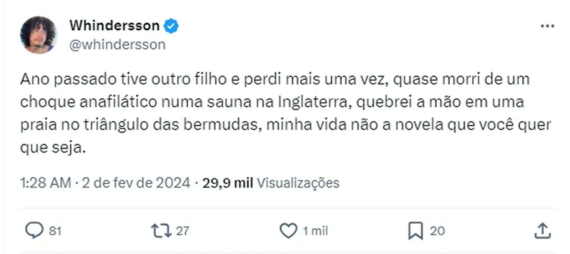 Whindersson Nunes faz post revelador e conta que perdeu um filho em 2023