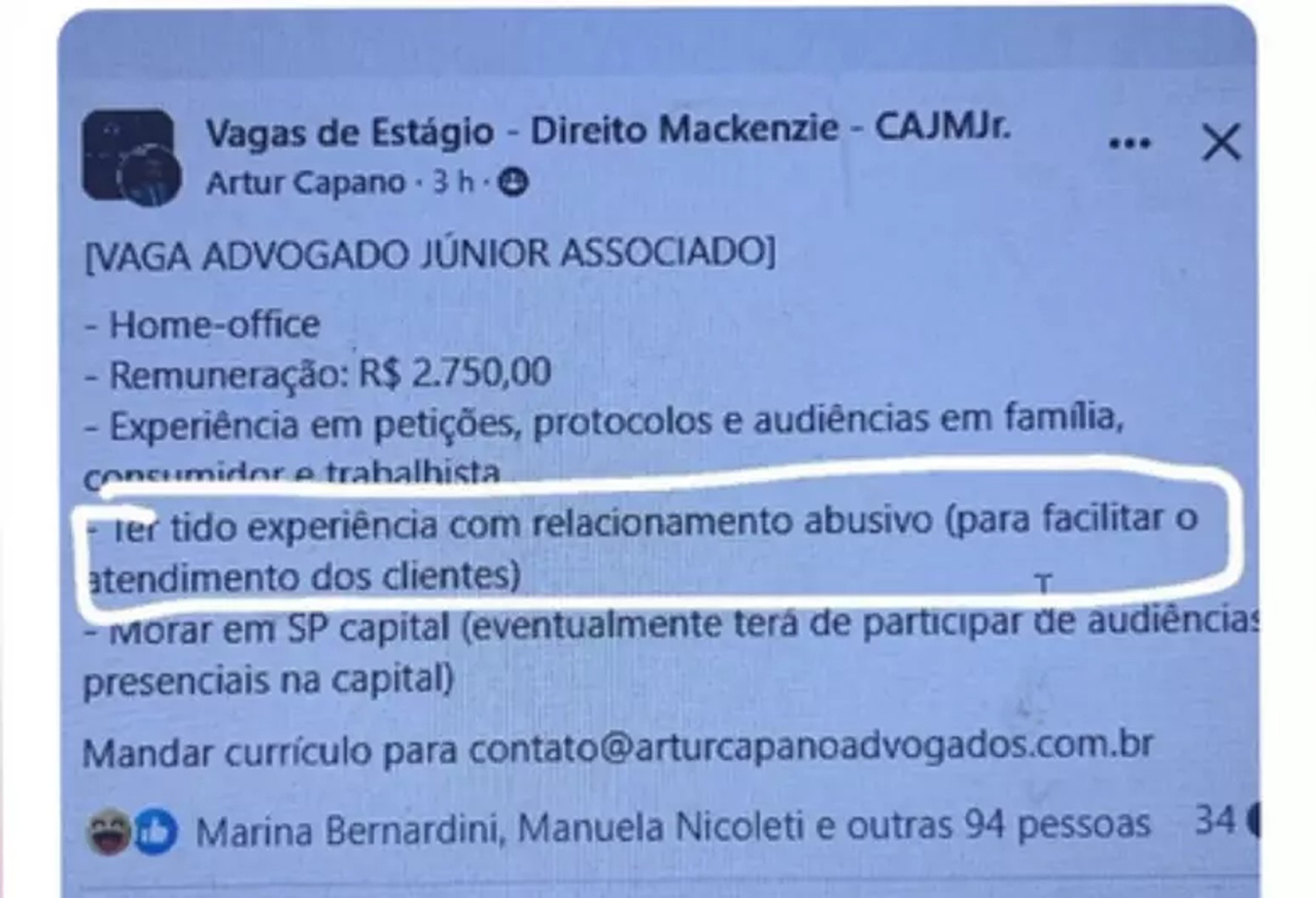 Vaga de emprego pede "experiência com relacionamento abusivo" e viraliza