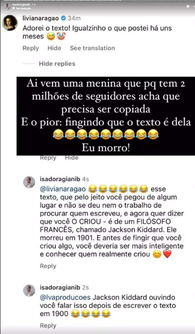 Livian Aragão, filha de Didi, sugere plágio e leva invertida na web